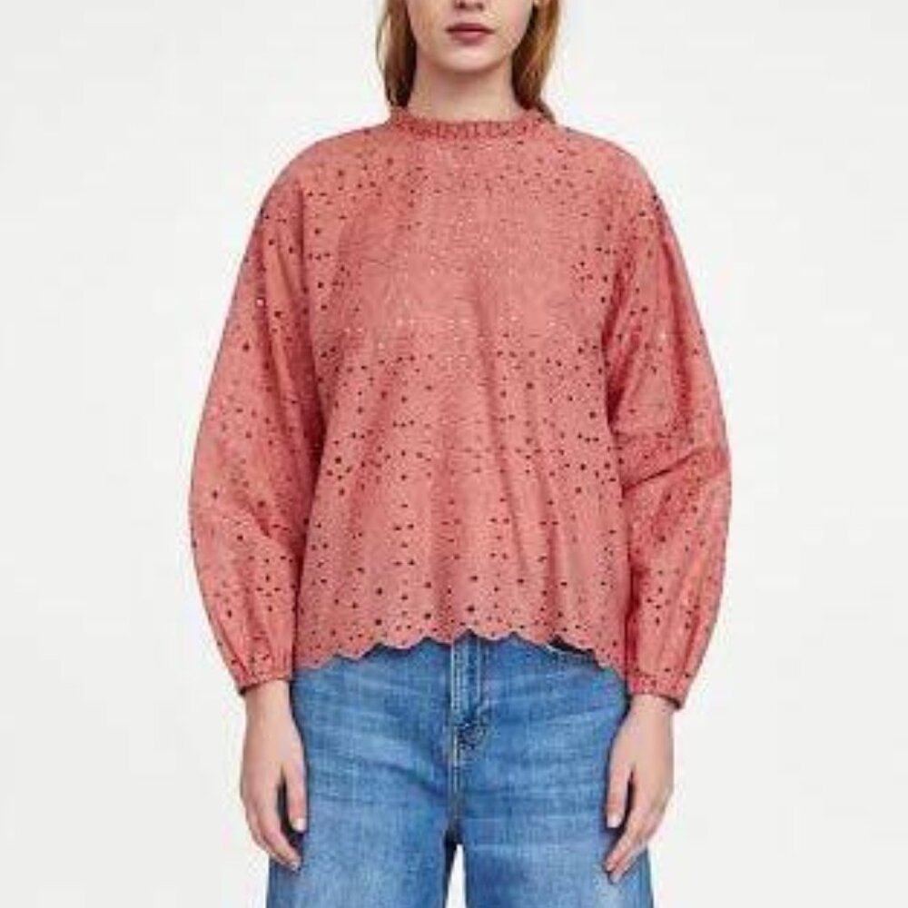 NWOT: ZARA Embroidered Eyelet Blouse, Coral, XS